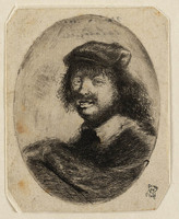 KG 03937
<br/>
Kop van een man met baret
<br/>
<em>Rembrandt (1606-1669) - school van</em>
